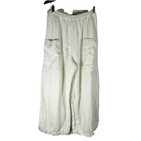 OSKA Pants - OSKA 100% Linen Wide Leg Cropped Pants White Elastic Waist Pockets Large
